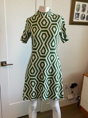 Anthropologie SS Mock Neck Retro Print Knit Colorful Dress Green White Sz S NWT